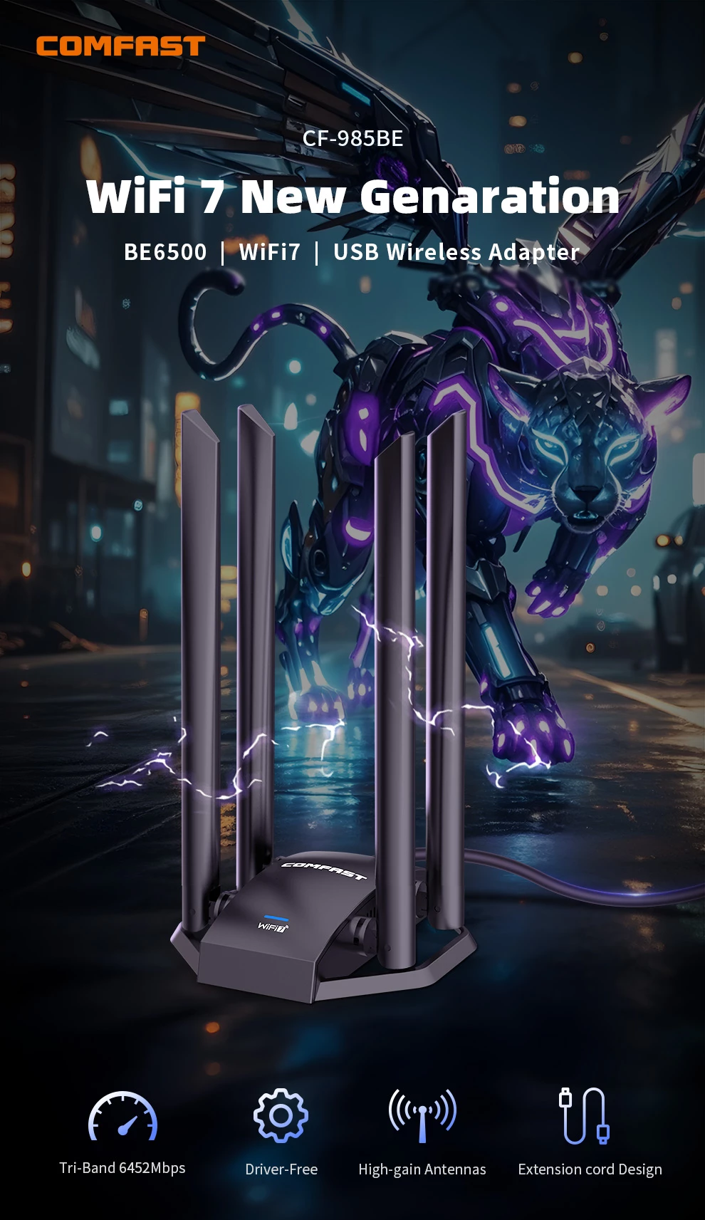 WiFi 7 New Generation BE6500 ,WiFi7, USB Wireless Adapter Tri- Band 6452Mbps ; Driver- Free ; High gain Antennas ; Extension code Design